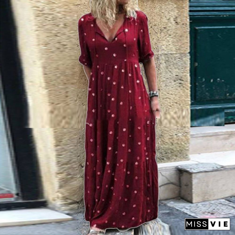 Fall Winter New Women Short Sleeve Boho Dress Vintage Loose Polka Dot Print V-Neck Long Dress Casual Harajuku Party Dress Mujer