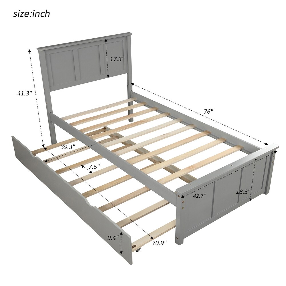 Twin Size Wood Platform Storage Bed with Trundle for Bedroom  Dorm