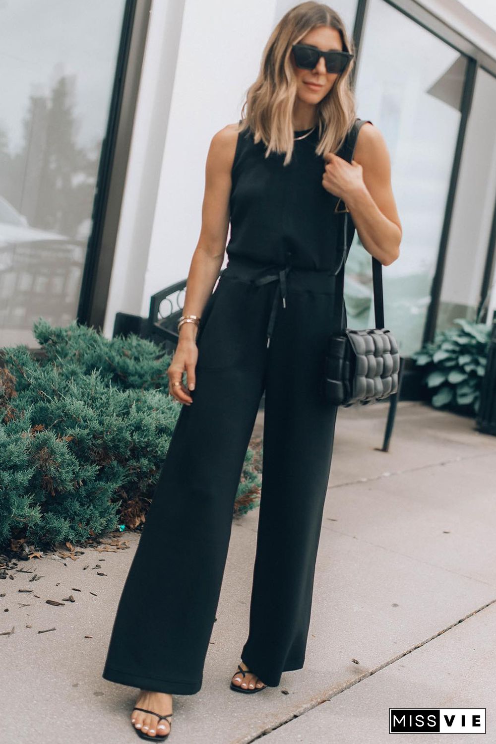 Black Solid Sleeveless Wide Leg Jumpsuit