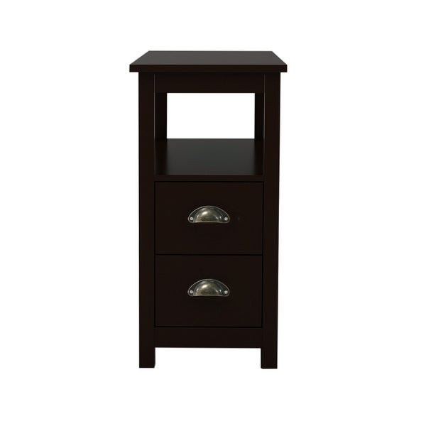 Wood End Table with 2 Drawers， Open Storage Shelf and Semicircular Handles， Narrow Nightstand