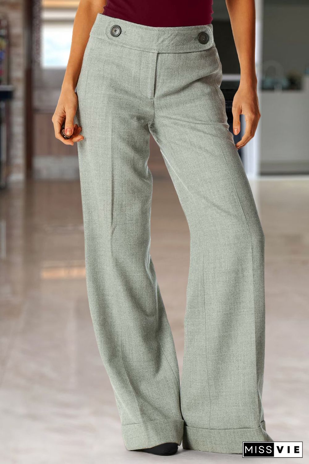 Solid Buttoned Detail Straight Leg Mid Waist Pants