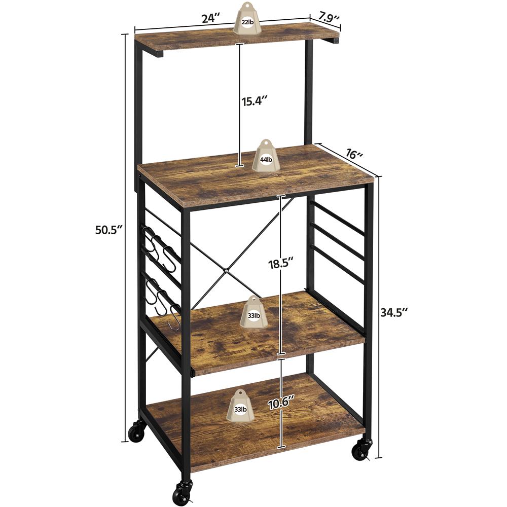 Easyfashion Kitchen Bakers Rack Microwave Stand Cart Coffee Bar Cabinet with Side Hooks， Rustic Brown