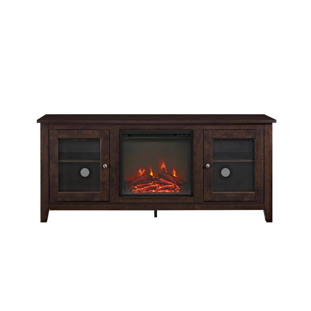 Walker Edison Furniture Company Traditional 58 in. Brown TV Stand fits TV up to 65 in. with Glass Doors and Electric Fireplace HD58FP4DWTB