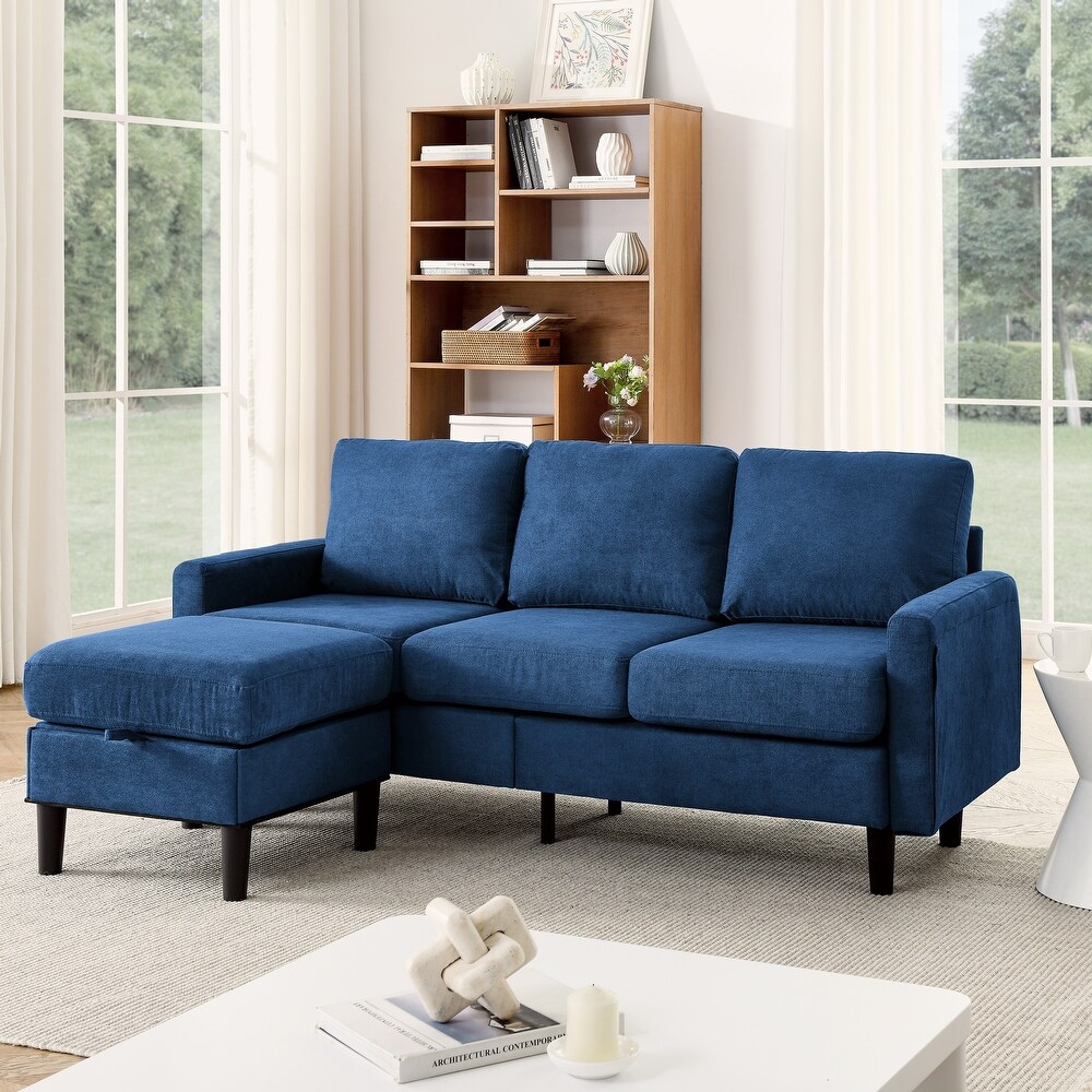 Navy Blue Upholstered L Shaped 3 Seater Sectional Sofa with Reversible Ottoman