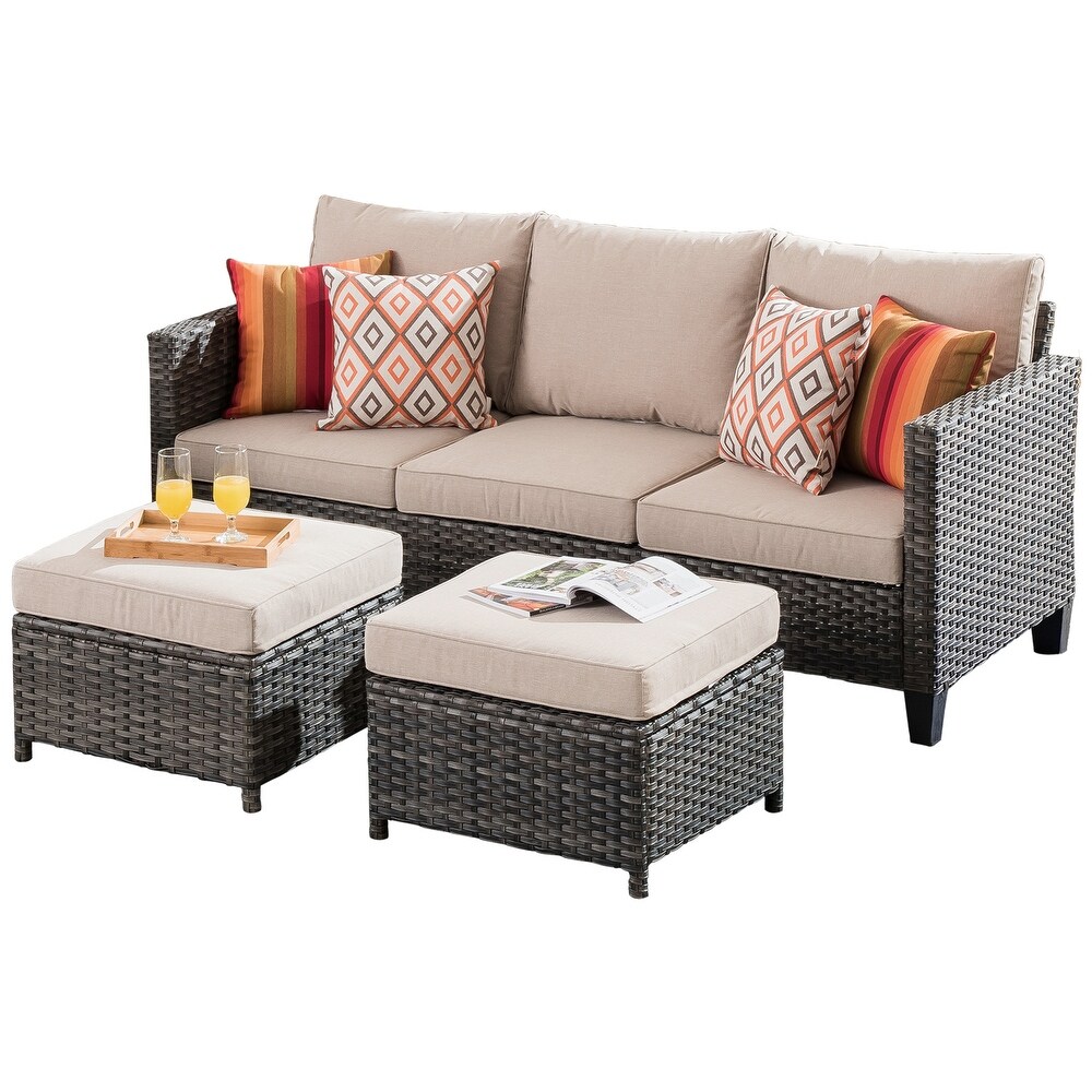 OVIOS 3 piece Outdoor High back Wicker Sectional Ottoman Set