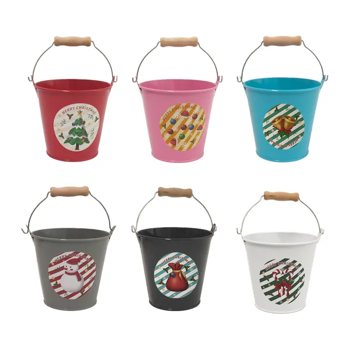 Christmas Custom Logo Small Metal Bucket Gift With Wooden Handle  Factory Wholesale