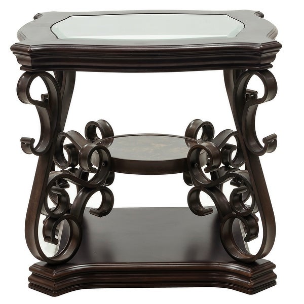 End Table with Glass Top and Scroll Accent， Brown