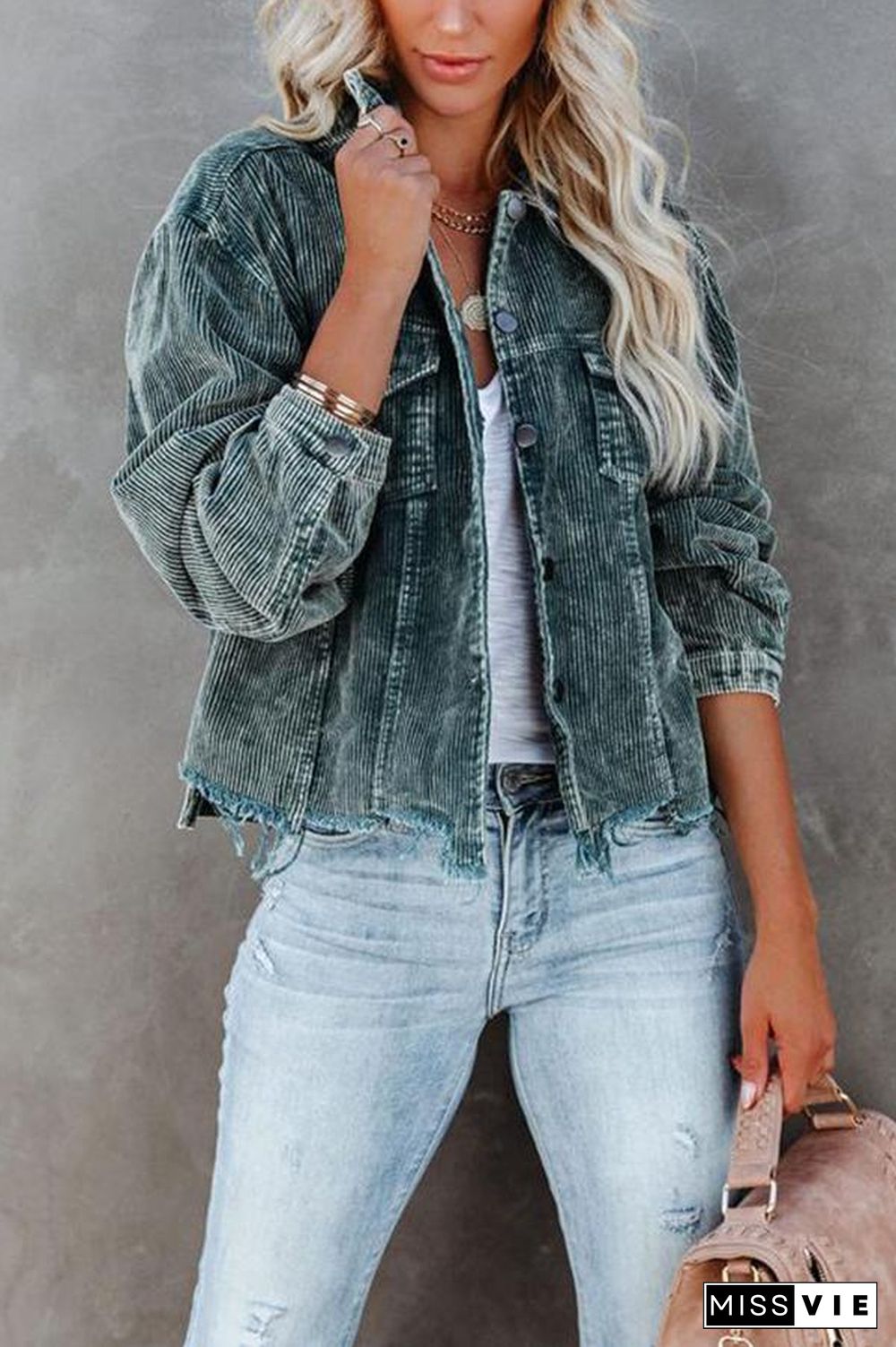 Frayed Hem Cropped Corduroy Jacket