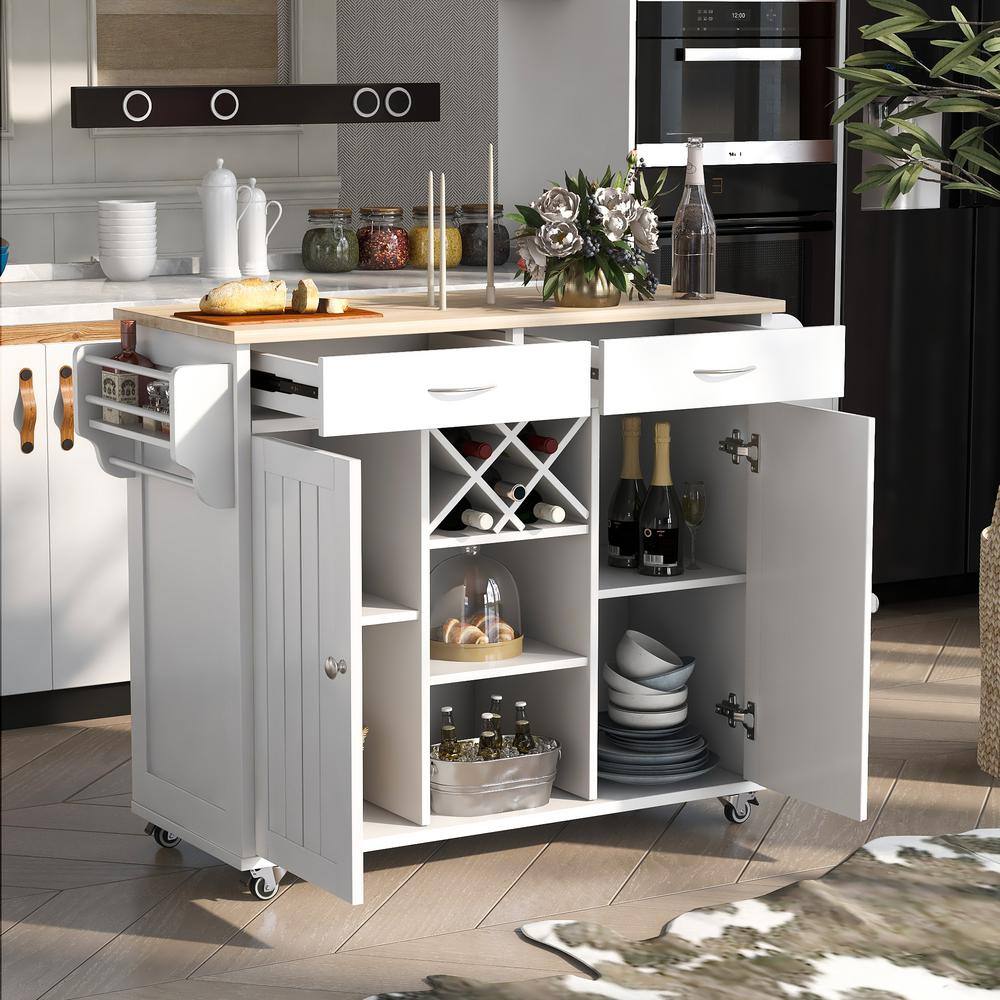 HwoamneT White Kitchen Island Cart with 2 Storage Cabinets 4 Locking Wheels Wine Rack 2-Drawers Spice Rack Towel Rack SH#WF28735WH