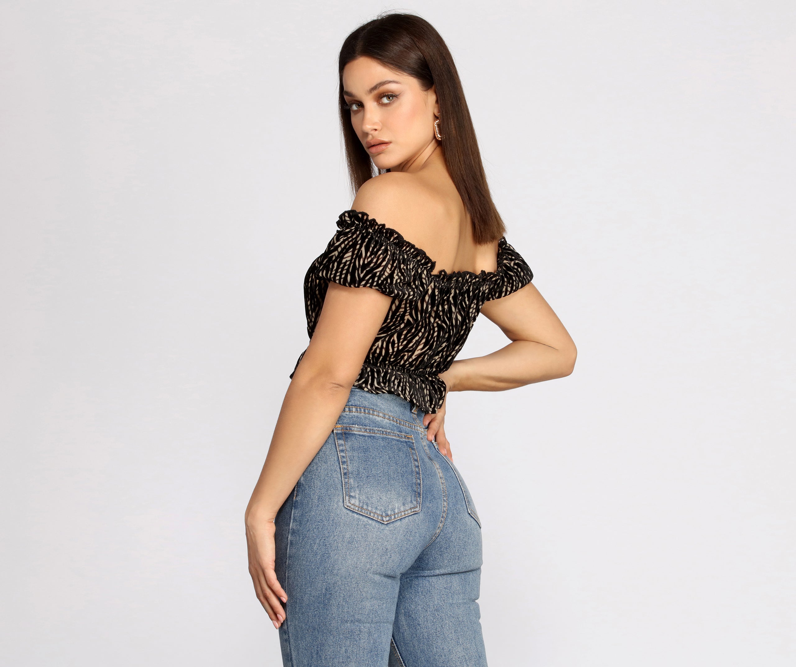 Zebra Off-Shoulder Puff Sleeve Crop Top