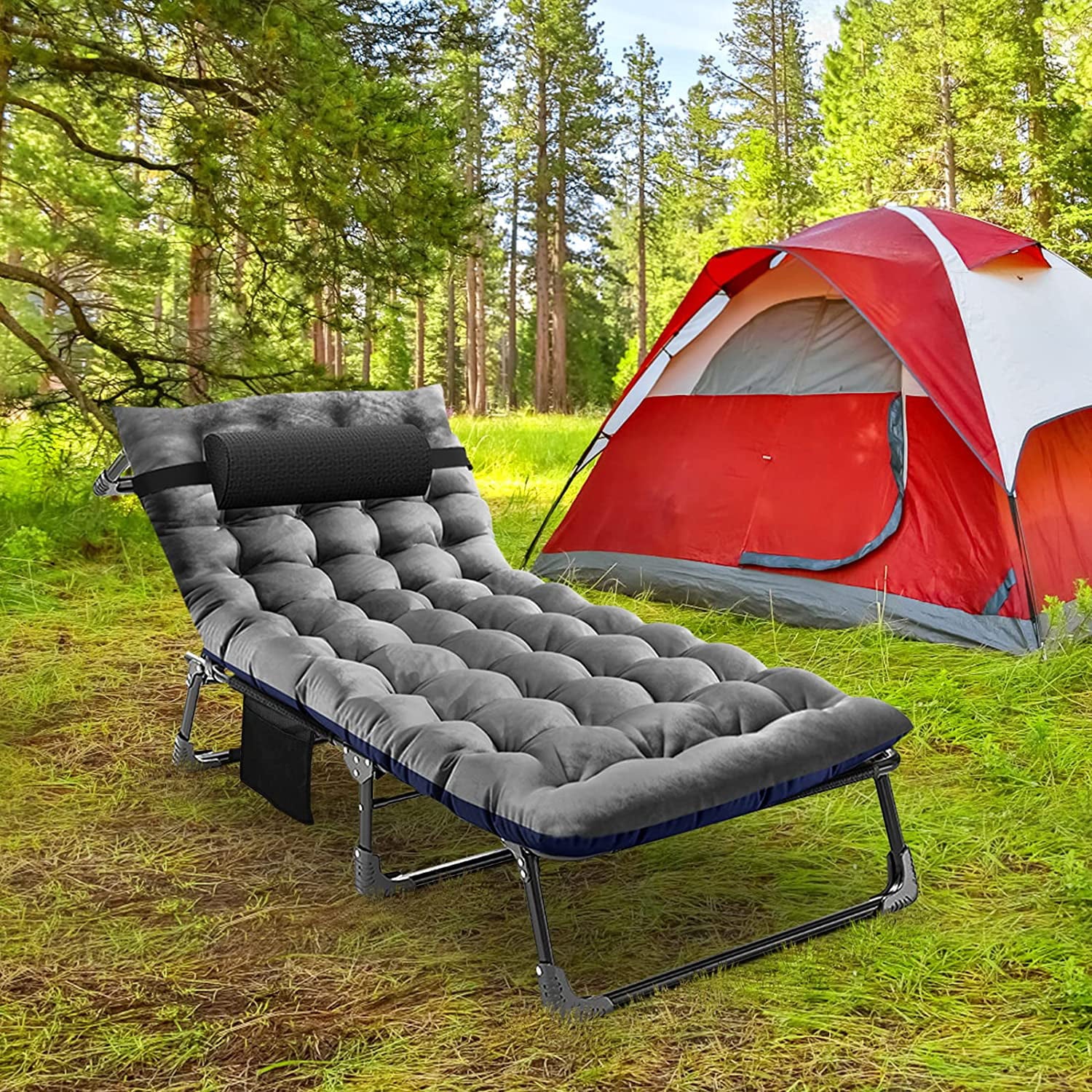 ABORON Folding Camping Cot， Folding Bed with 2 Sided Mattress and Pillow， Adjustable 4-Position Folding Chaise Lounge Chair