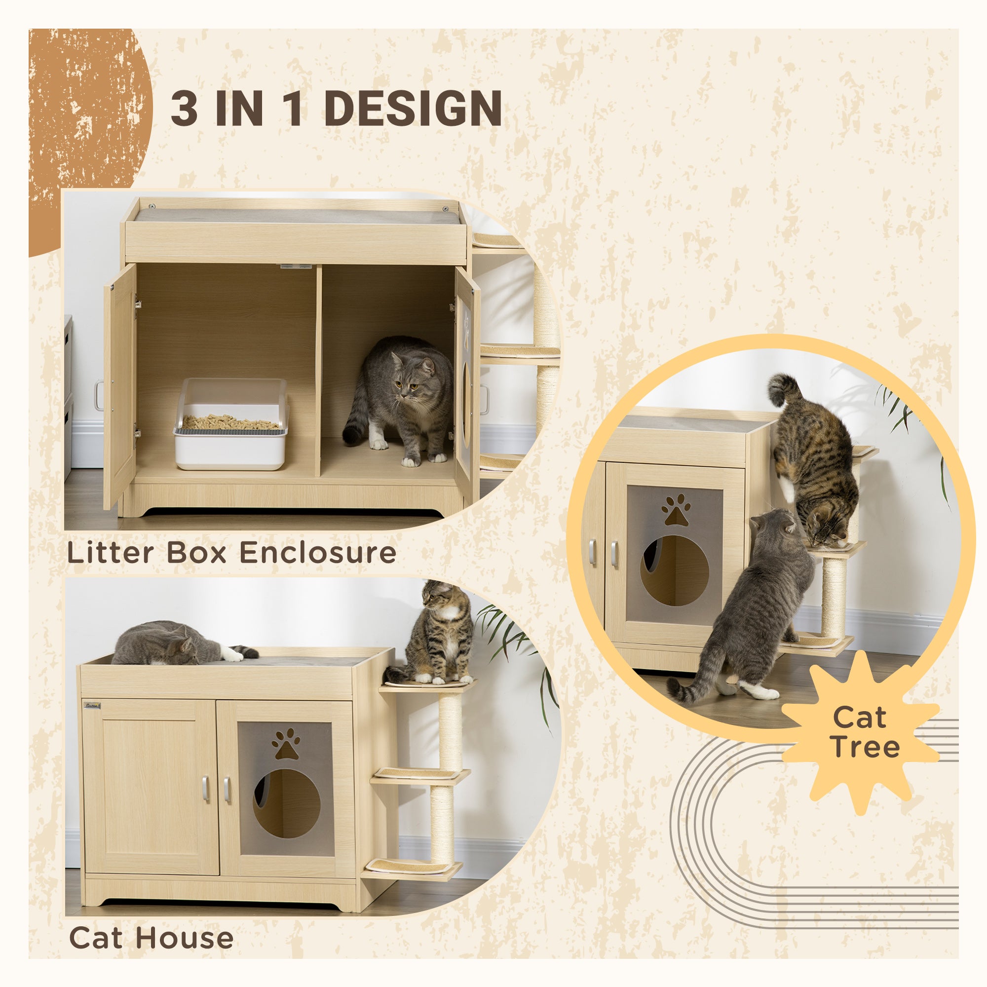 PawHut 3-in-1 Cat Litter Box Enclosure and Elevated Cat Bed Tree with Scratching Posts for Large and Small Kitties， Hidden Cat Litter Cabinet with Double Doors， Soft Cushion