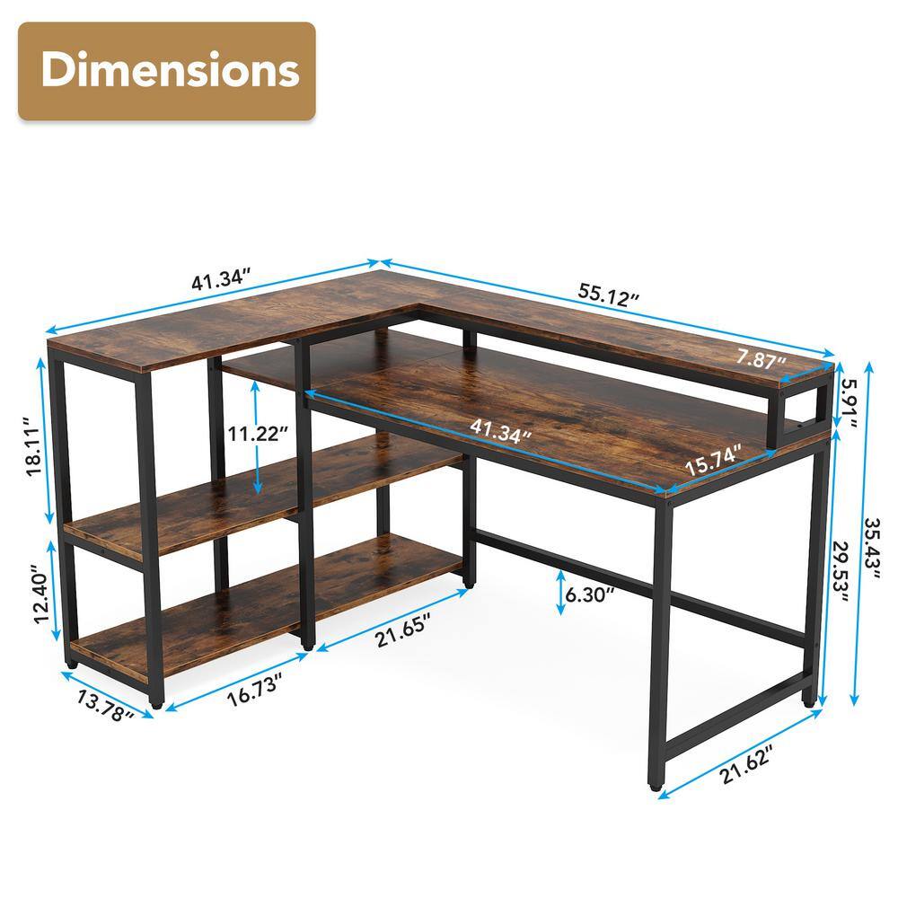 TRIBESIGNS WAY TO ORIGIN Halseey 55 in. W L-Shaped Brown Corner Computer Desk Writing Studying Reading Desk 2-Tier Storage Shelves Monitor Stand HD-JW0052-WZZ