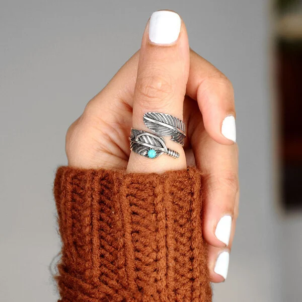 🔥 BIG SALE - 47% OFF🔥🔥🎁Boho Feather Turquoise Adjustable Ring