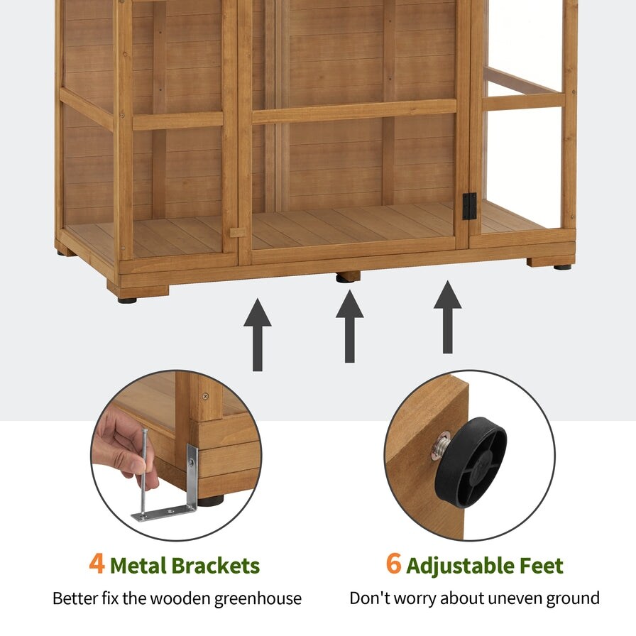 MCombo Wooden Greenhouse  Outdoor Gardening Polycarbonate Greenhouse with Openable Roof Vent and Adjustable Shelves  0826