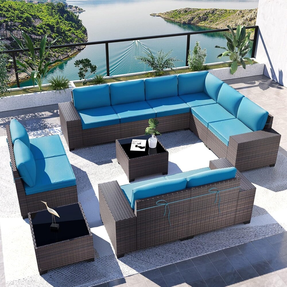 Kullavik 12 Pieces Outdoor Patio Furniture Set Sectional Rattan Sofa Set with Tempered Glass Table