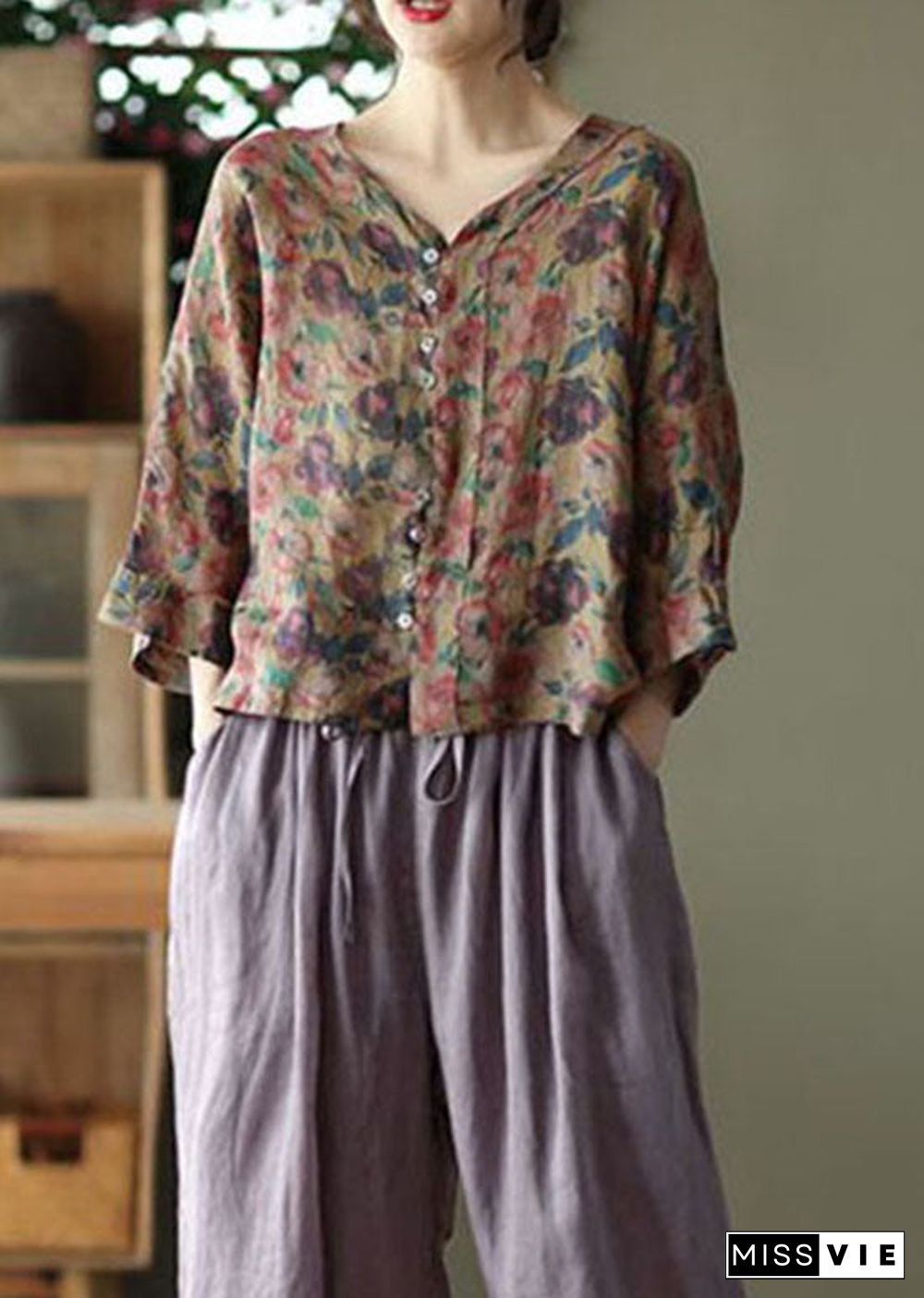 Casual Coffee V Neck Print Linen Shirt Tops Summer