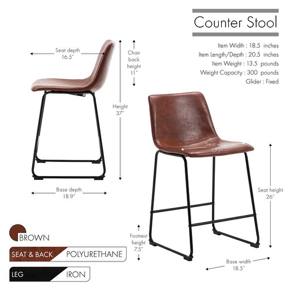 Porthos Home Enva Counter and Bar Stools Set of 2， PU Leather， Iron Sled Legs