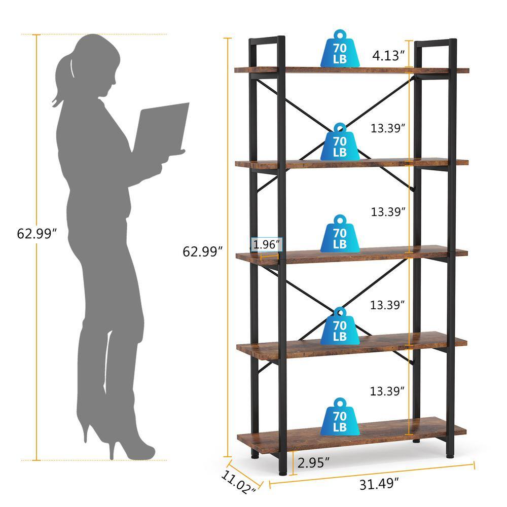 TRIBESIGNS WAY TO ORIGIN Clinz 63 in. Brown Wood 5-Tier Vintage Bookcase Extra Tall Bookshelf with Storage Shelves ZHD-U0029