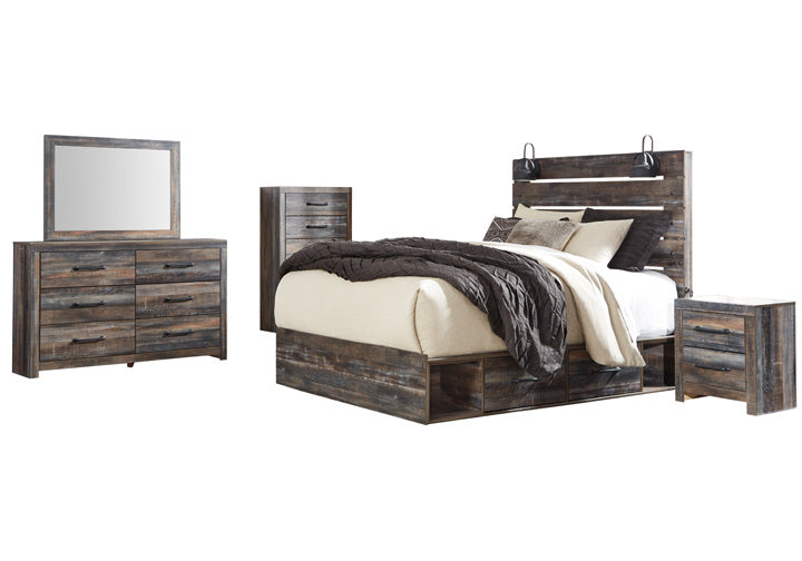 Drystan Multi Queen Bed with storage footboard with Dresser and Mirror