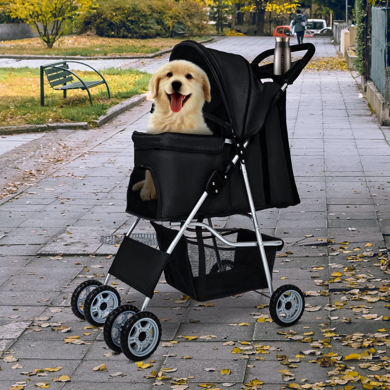 BestPet Pet Stroller Dog Cat Stroller Folding Lightweight Travel Stroller with Cup Holder (Black， 4 Wheels)