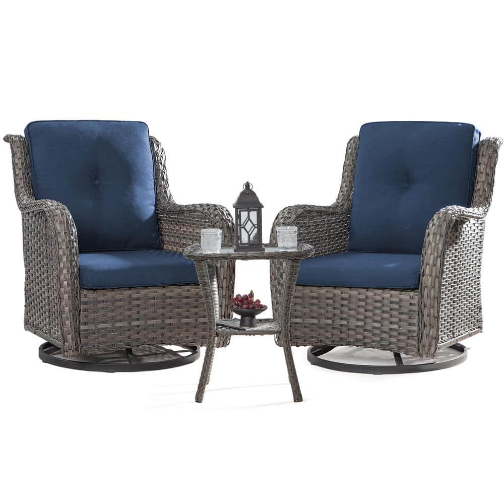 JOYSIDE 3Piece Wicker Patio Conversation Set with Blue Cushions AllWeather Swivel Rocking Chairs