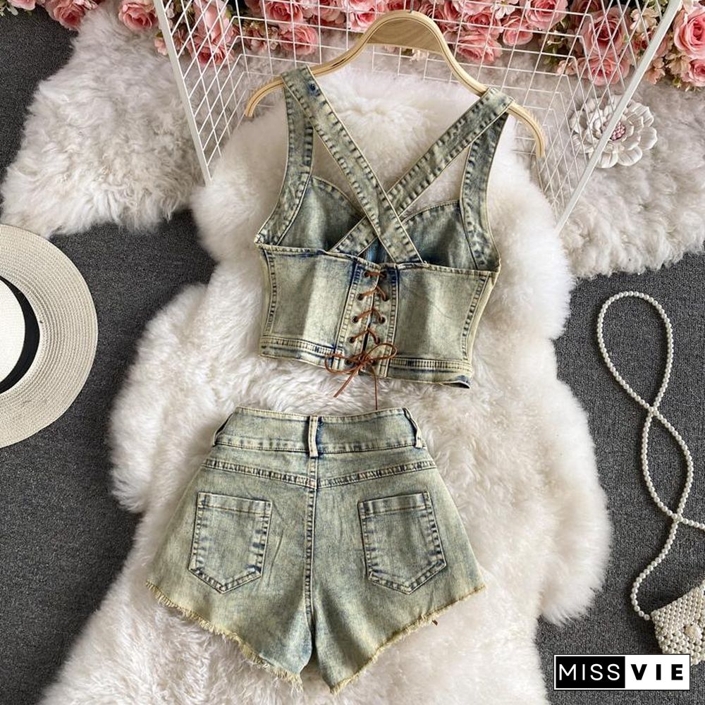 Denim Backless Cami Tank +Shorts P11238