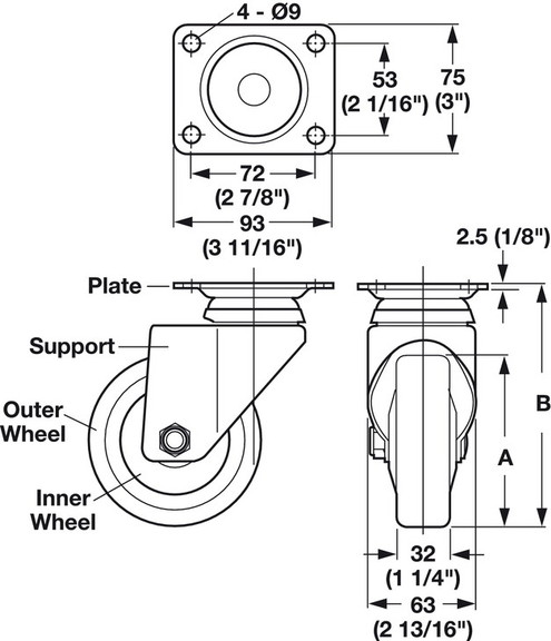 Hafele Swiveling Caster  Plate Mount  without Brak...