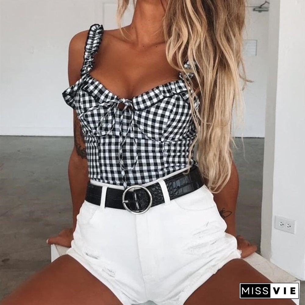 New Women Sexy Ruffiled Tank Tops  Bow Off Shoulder Vest Female Holiday Sleeveless Straps Crop Tank Tops Party Club Streetwear