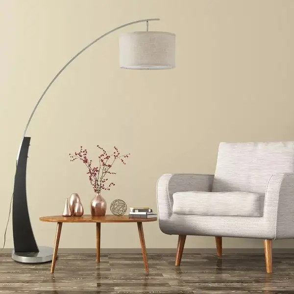 Q-Max Arched Floor Lamp with Drum Shade and Unique Black Wood Pole Base with Metal Base