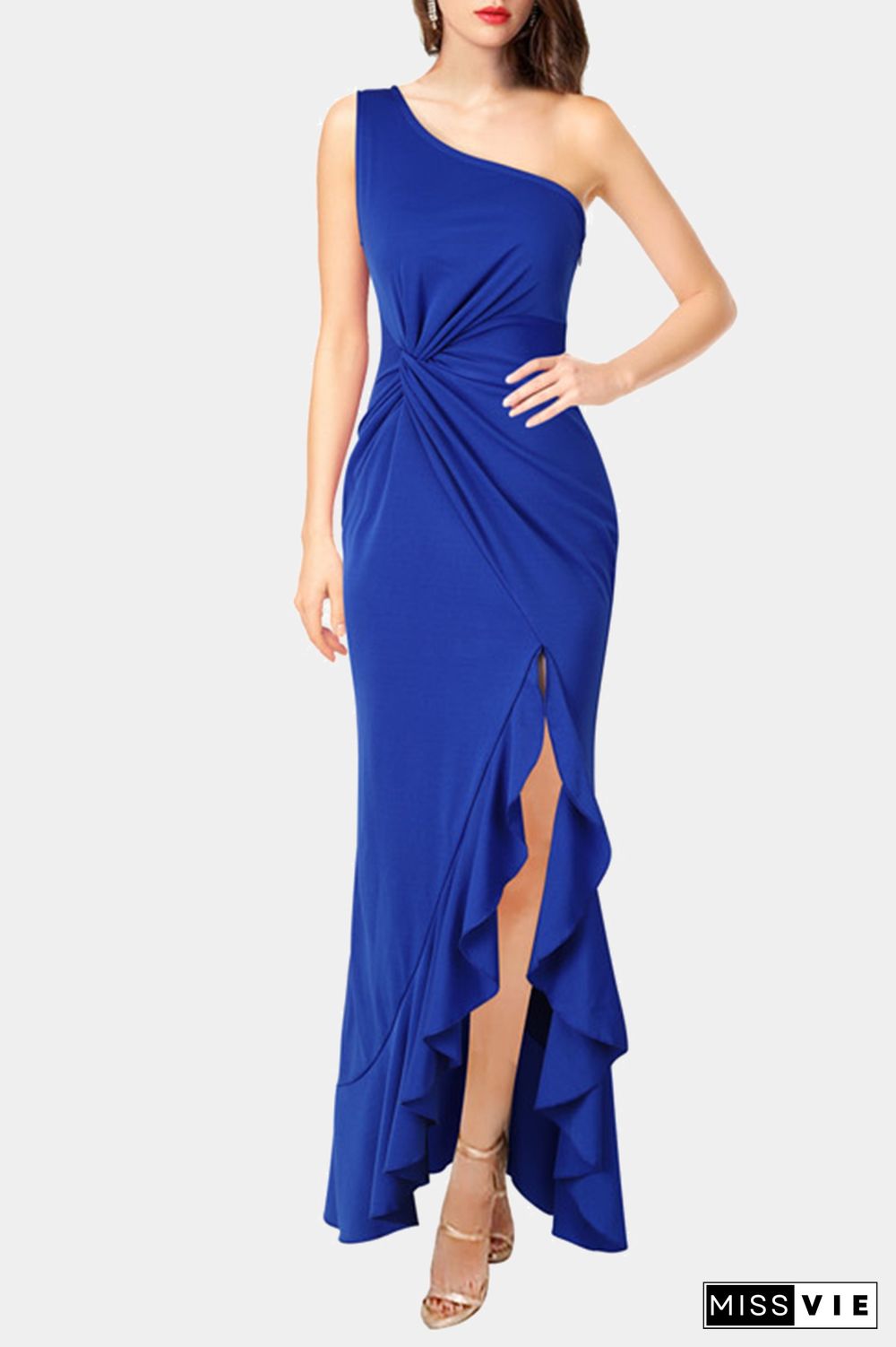 Elegant Solid Flounce Slit One Shoulder Evening Maxi Dresses(6 Colors)