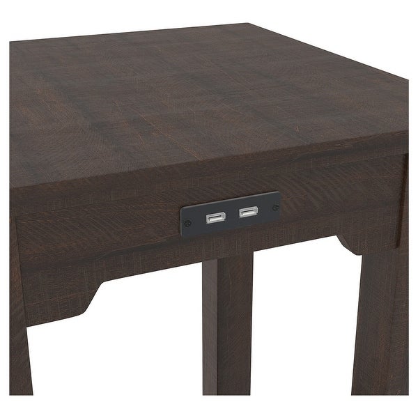 Wooden Side End Table with 2 USB Ports and Power Cord， Dark Brown