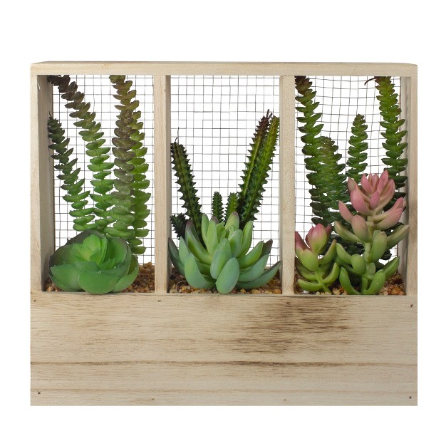 Artificial Mixed Succulent Arrangement In A Wooden Planter Box