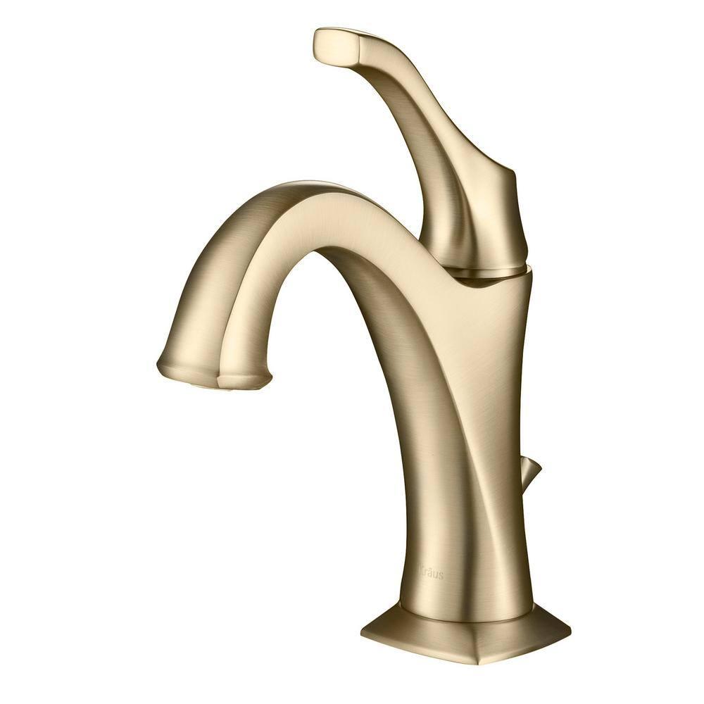 KRAUS Arlo Brushed Gold Basin Bathroom Faucet with Lift Rod Drain and Deck Plate