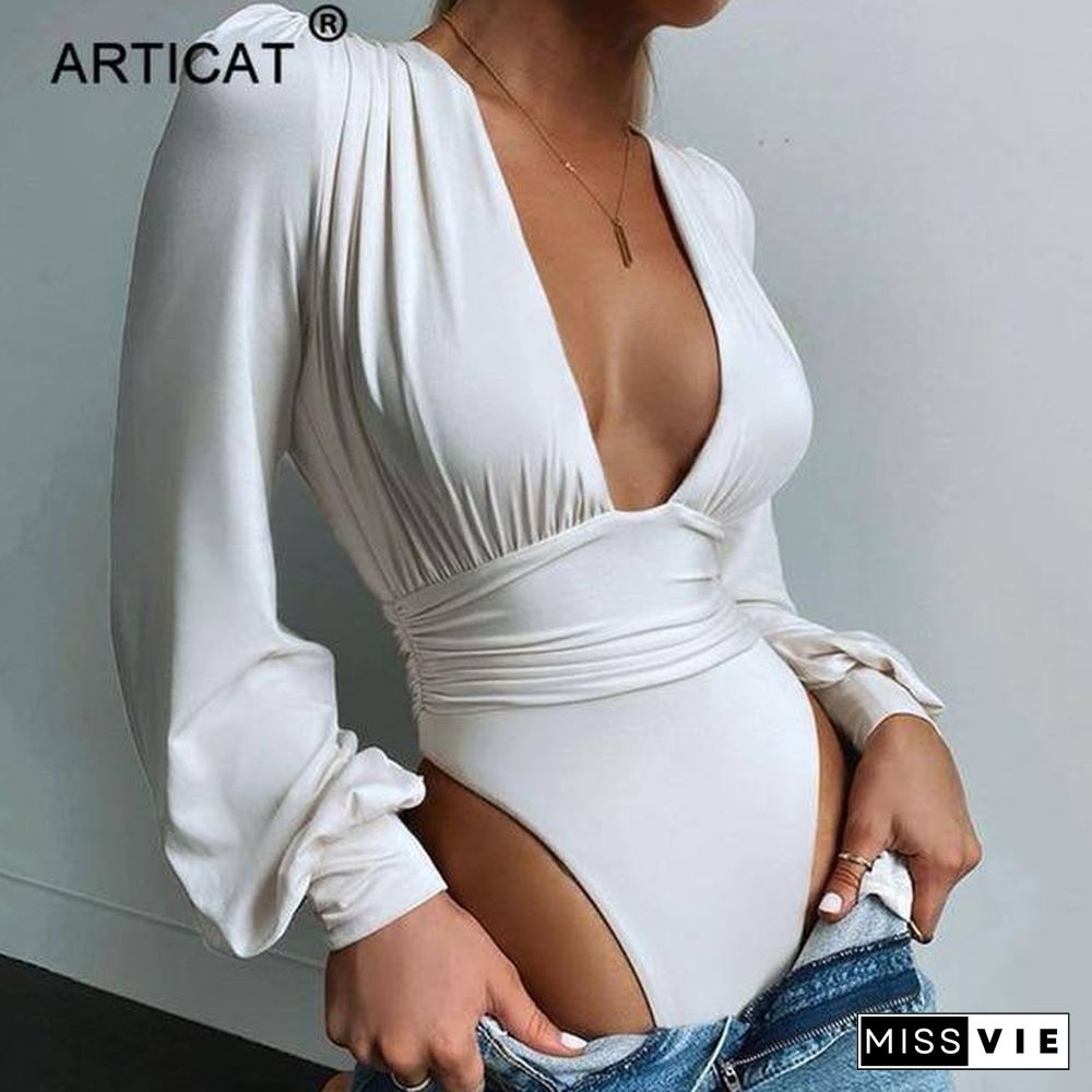 Articat Black Deep V Neck Bodysuit Women Sexy Puff Sleeve Bodycon Jumpsuit Solid Elastic Casual Party Winter Bodysuits Body Tops