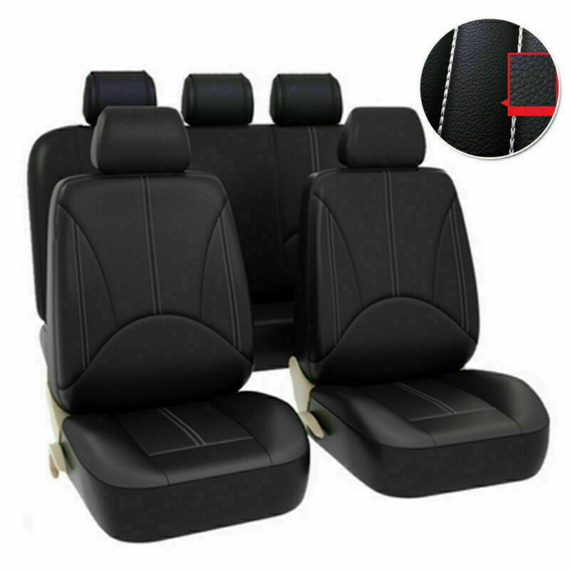 Car Seat Cover，9PCS Full Set Auto Luxury PU Leather Front Rear Seat Cushion for 5-Seats Car Black， Christmas Gifts