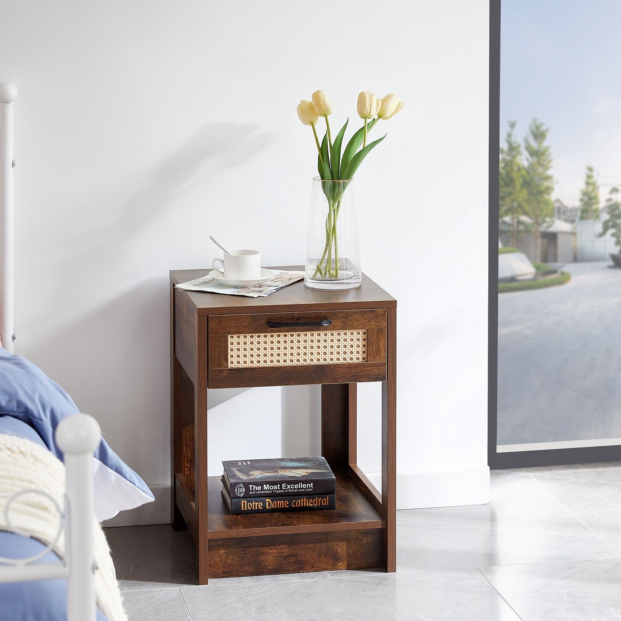 Modern Rattan End table/Side Table with 1 Drawer and 1 Open Shelf