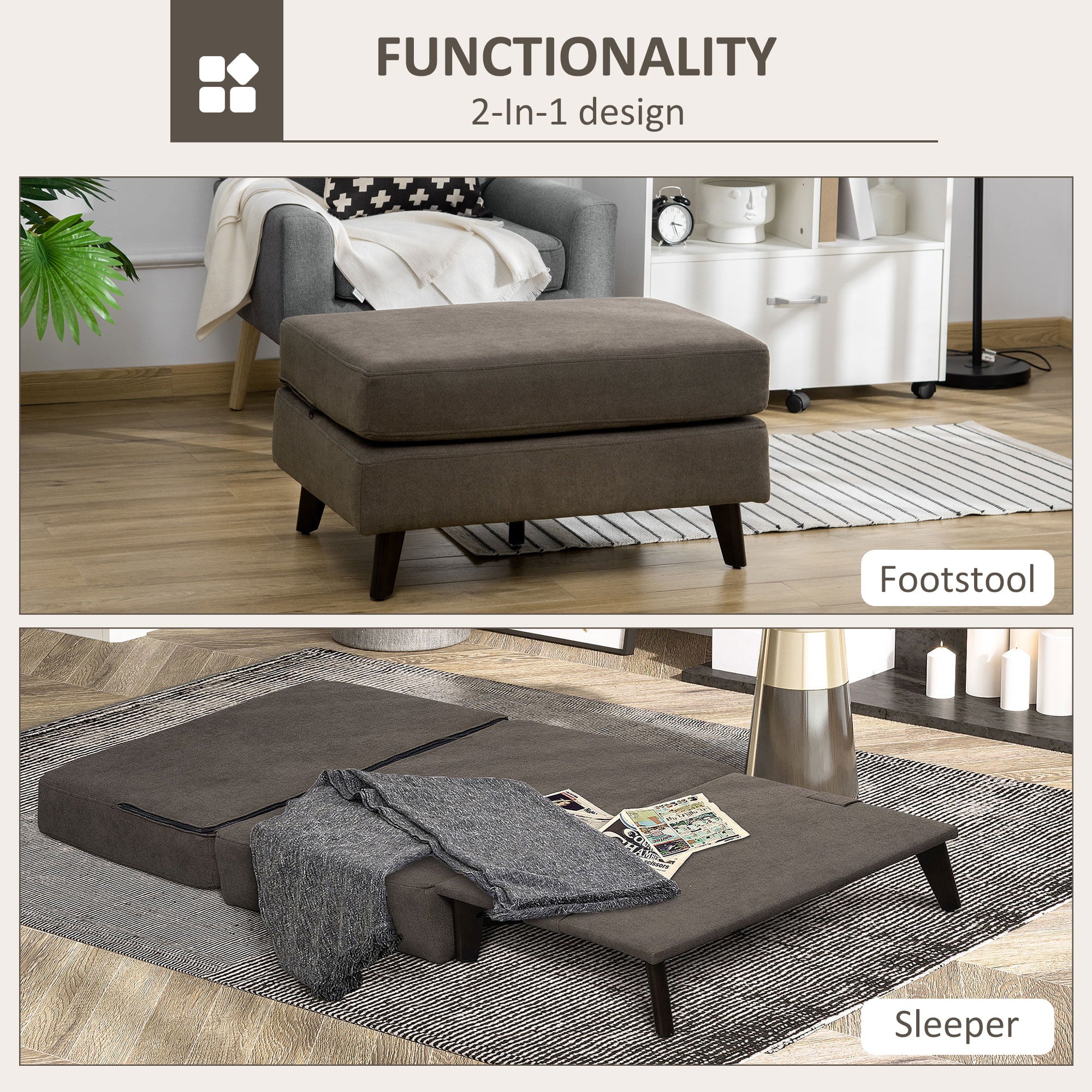 HOMCOM Convertible Sofa Bed, Folding Ottoman Sleeper, Fabric Chair Bed, Floor Sofa for Living Room, Bedroom, Brown