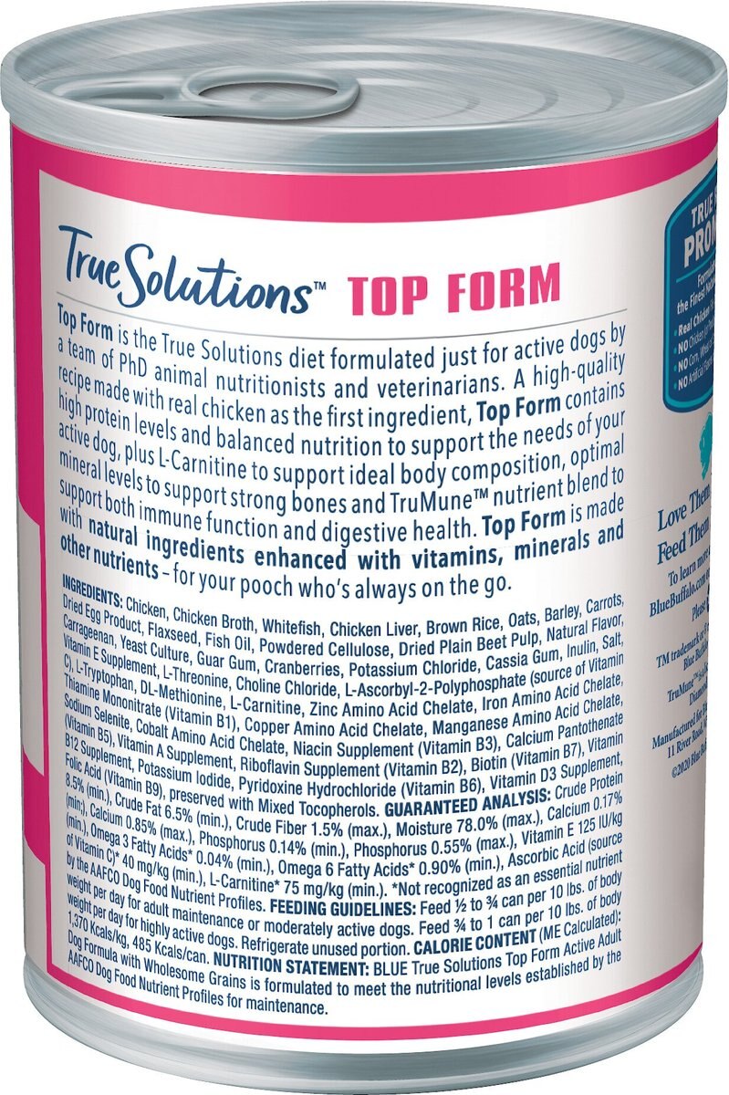 Blue Buffalo True Solutions Top Form Active Breed Wholesome Grains Adult Wet Dog Food， 12.5-oz can， case of 12