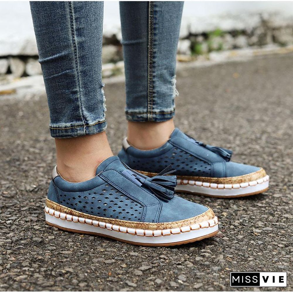 Women Slip On Hollow Out Flats Ladies Breathable Loafers Casual Platform Vulcanized Sewing Sneakers Shoes