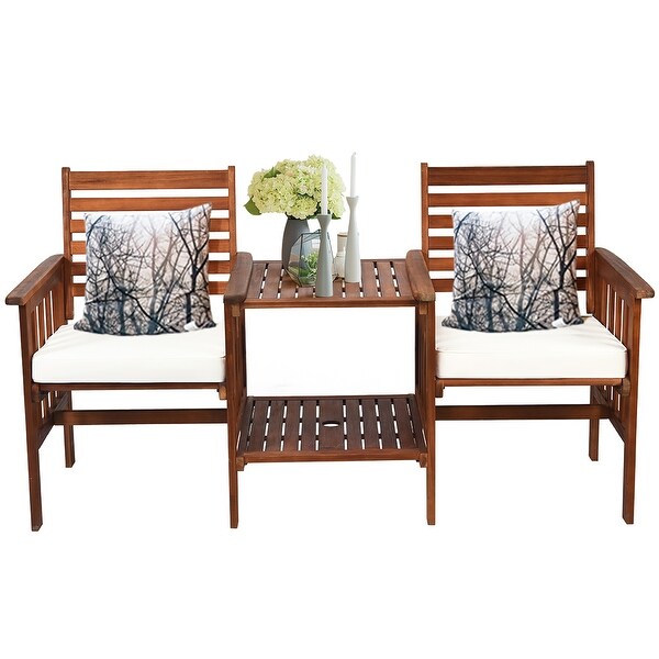 Costway Patio Loveseat Conversation Set Acacia Wood Chair Coffee Table