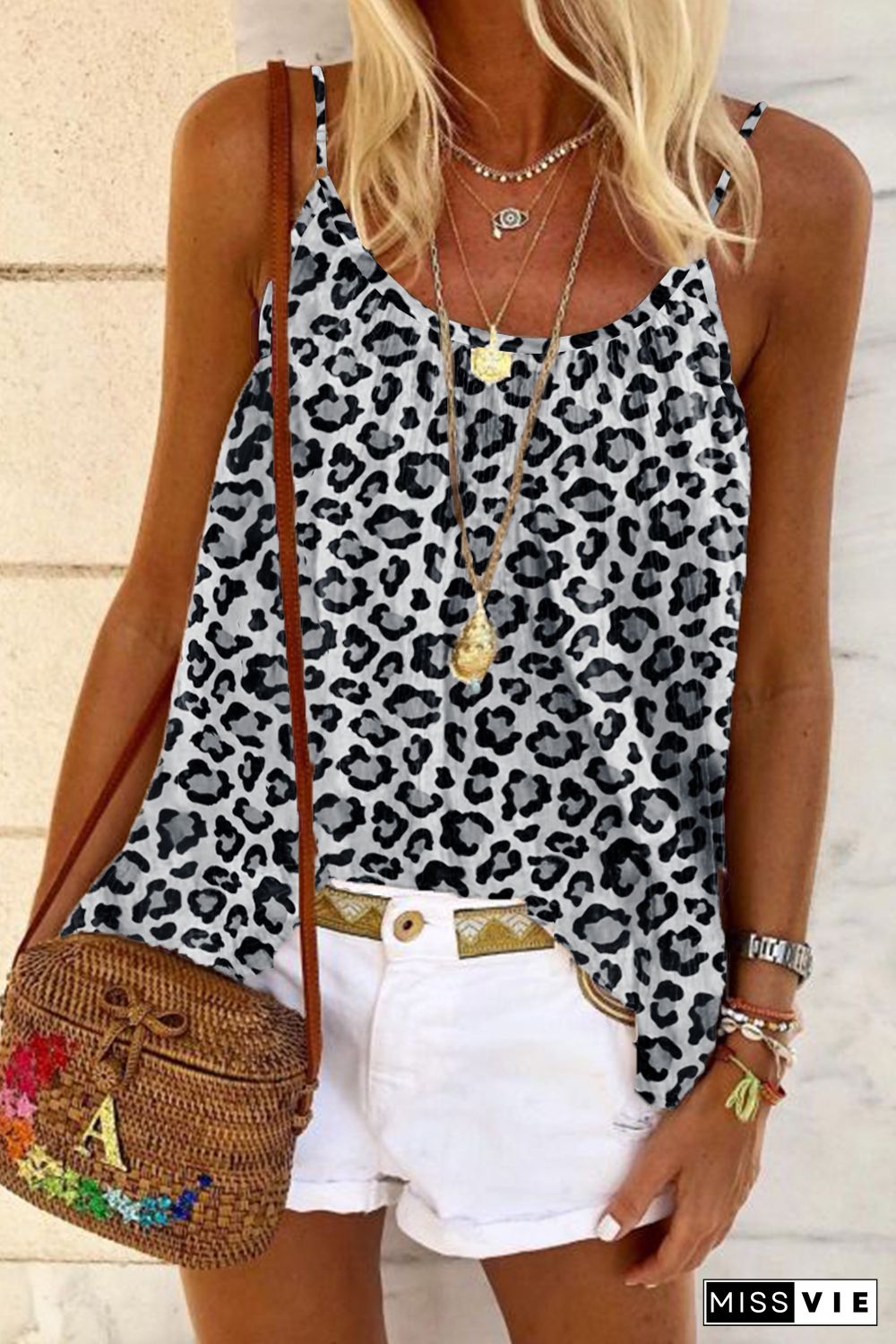 Leopard Print Spaghetti Strap Pleated Flowing Tank Top