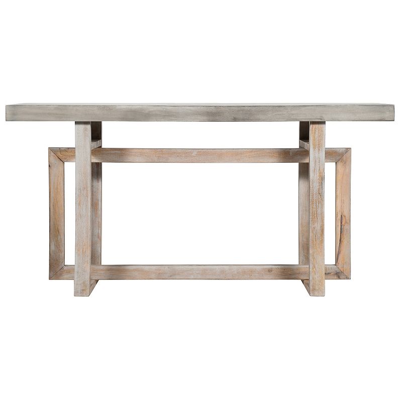 59 Inch Artisan Sideboard Console Table With Geometric Interlocked Base， Distressed Matte Gray