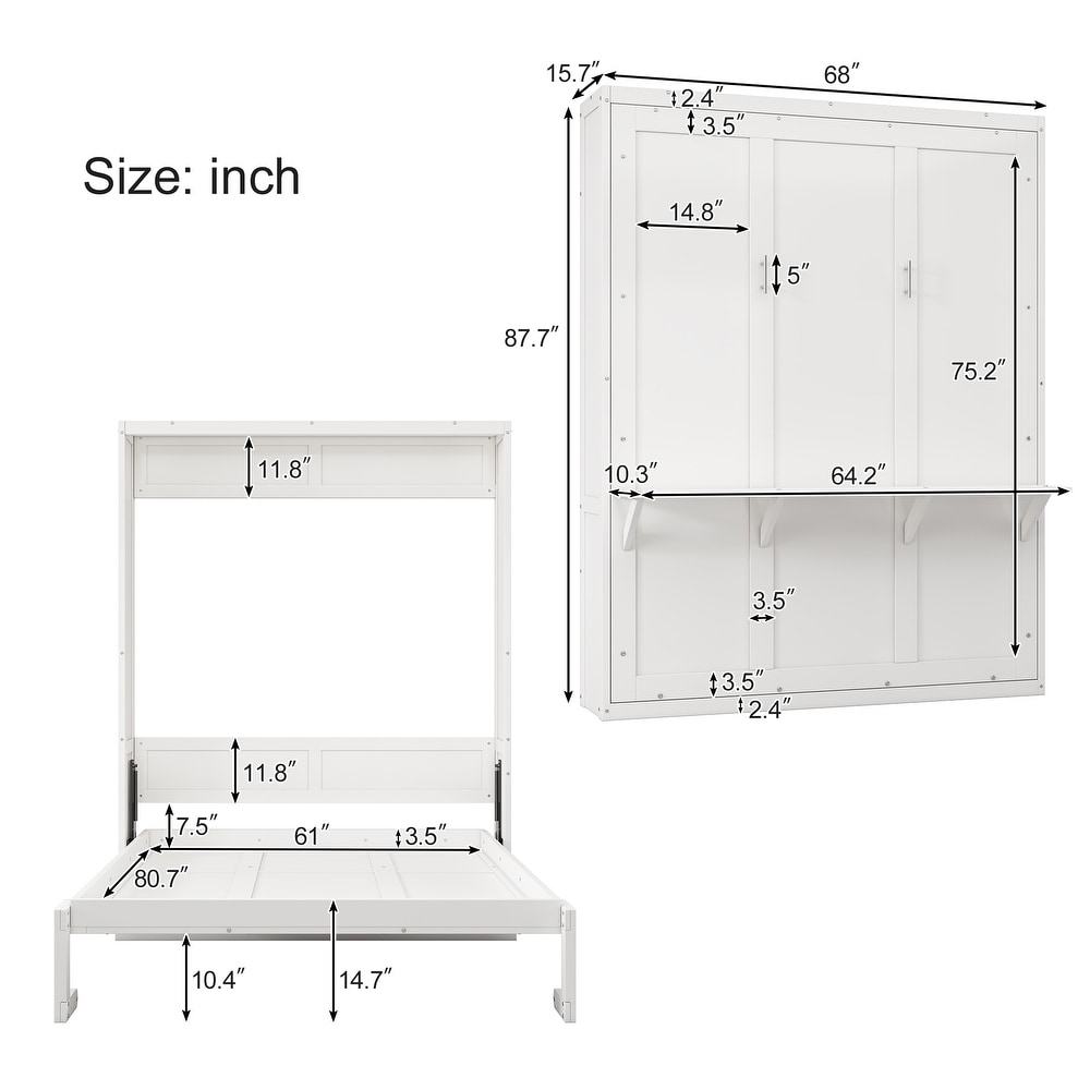 Queen Size Murphy Bed  68'' Cabinet Bed Folding Wall Bed with Desk Combo