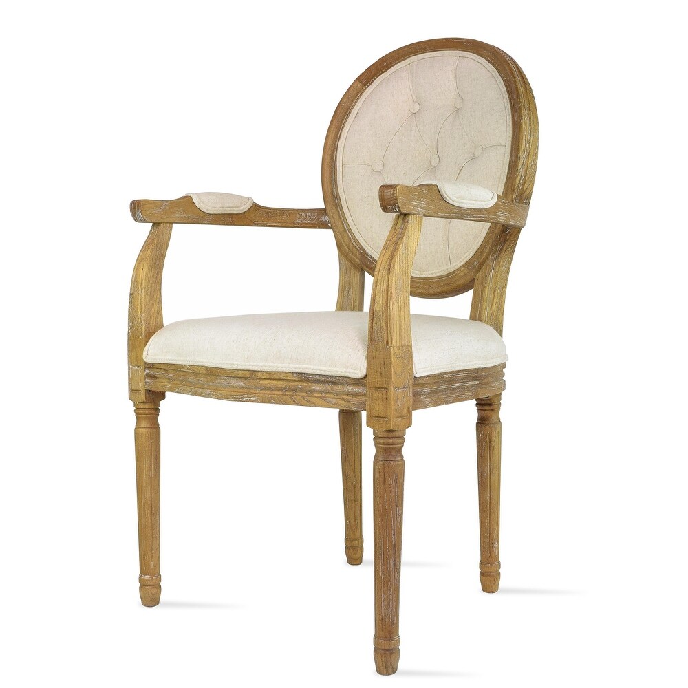 French Chic Vintage Style Dining Side Chair With Upholstered Linen Welted Fabric And Elegant Natural Rustic Wood Frame