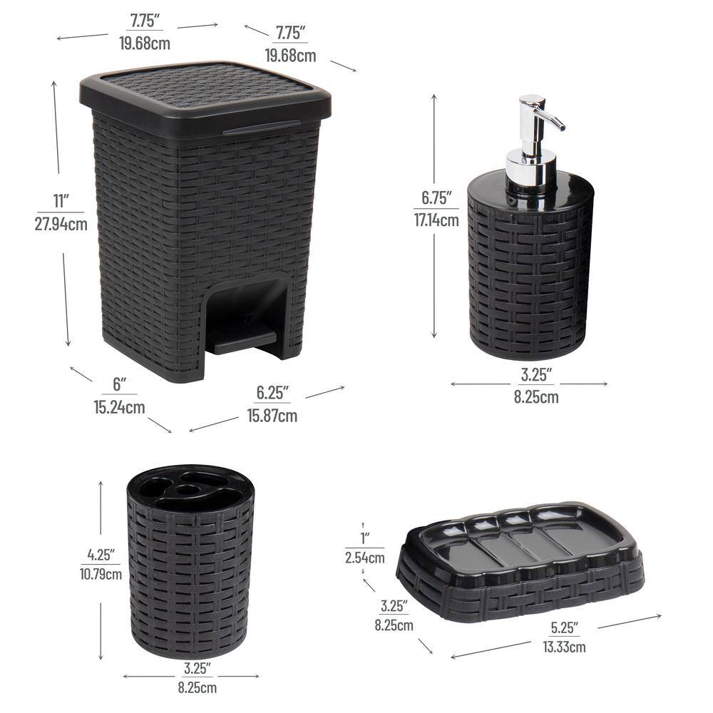 Mind Reader Basket Collection 4 Piece Bath Accessory Set Wastepaper Basket Toothbrush Holder Soap Dispenser and Soap Dish Black SQUBATH4-BLK