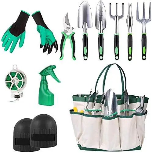 10PCS Garden Hand Tools Kit Set Heavy Duty Aluminum oy Agricultural Gardening Tool Bag Weeder Rake Shovel Trowel and More