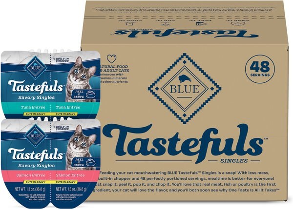 Blue Buffalo Tastefuls Savory Singles Salmon and Tuna Entrée Cat Food， 2.6-oz cup， 24 count