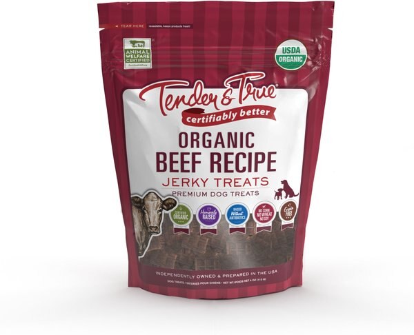 Tender and True Organic Beef Grain-Free Jerky Dog Treats， 4-oz bag