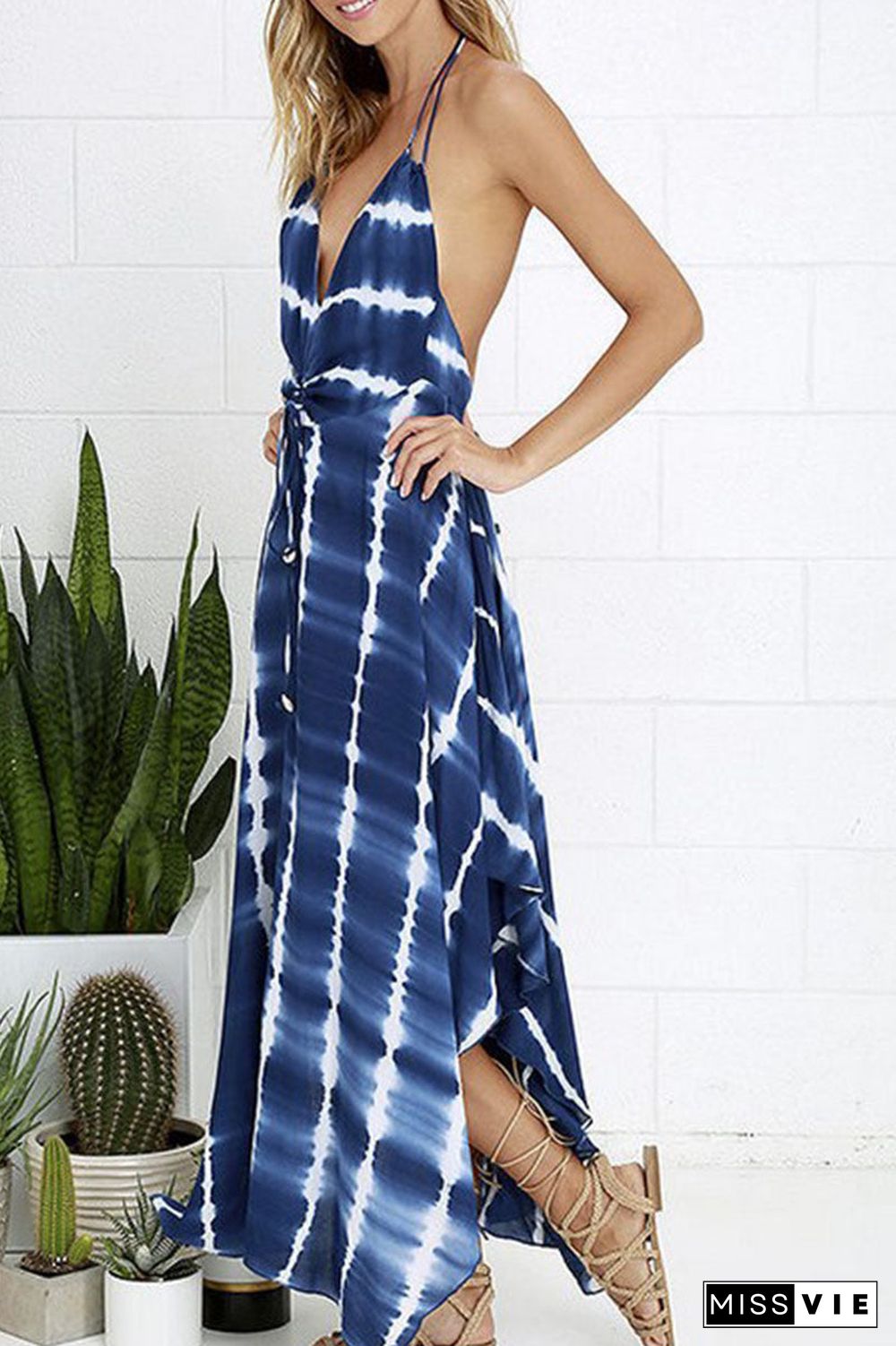 Fashion Bohemian Print Backless V Neck Irregular Dresses